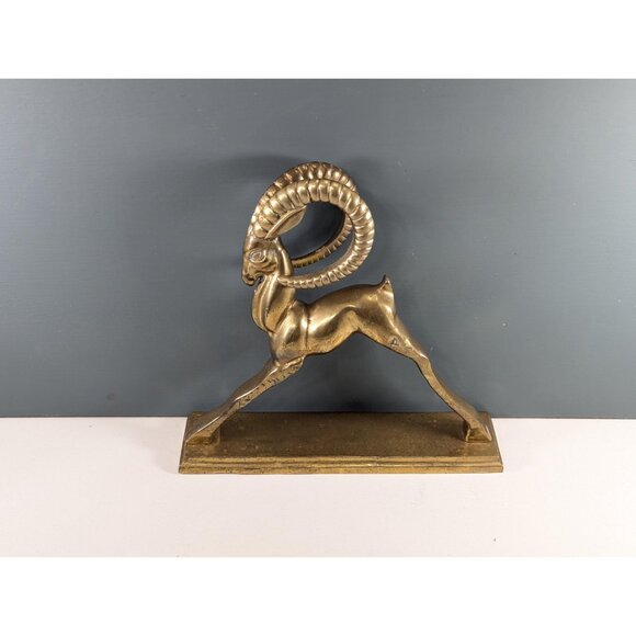 Vintage Solid Brass Sculpture of an Ibex Antelope, Art deco style brass Ram - Picture 5 of 14